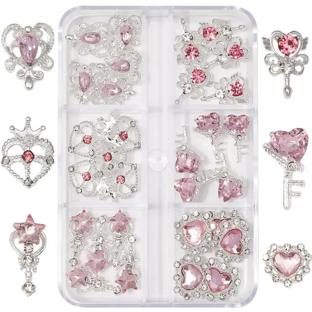 6-Grids 30pcs Pink Nail Rhinestones Silvery Base Love Heart Nail Charms 3D Crystal Glass Gems Nail Art Decorations Accessories