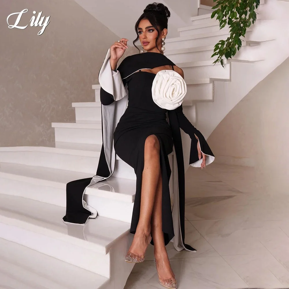 Sukienki wieczorowe Lily Black Satin, fason trąbka, z rozcięciem, z szalem, długość do podłogi, z kwiatami 3D, suknie balowe dla kobiet, szyte na miarę.