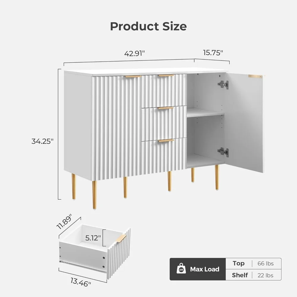 Szafka bufetowa, karbowana szafka do przechowywania z drzwiami i półkami, biała szafka bufetowa z 3-szufladami, szafka akcentująca Co