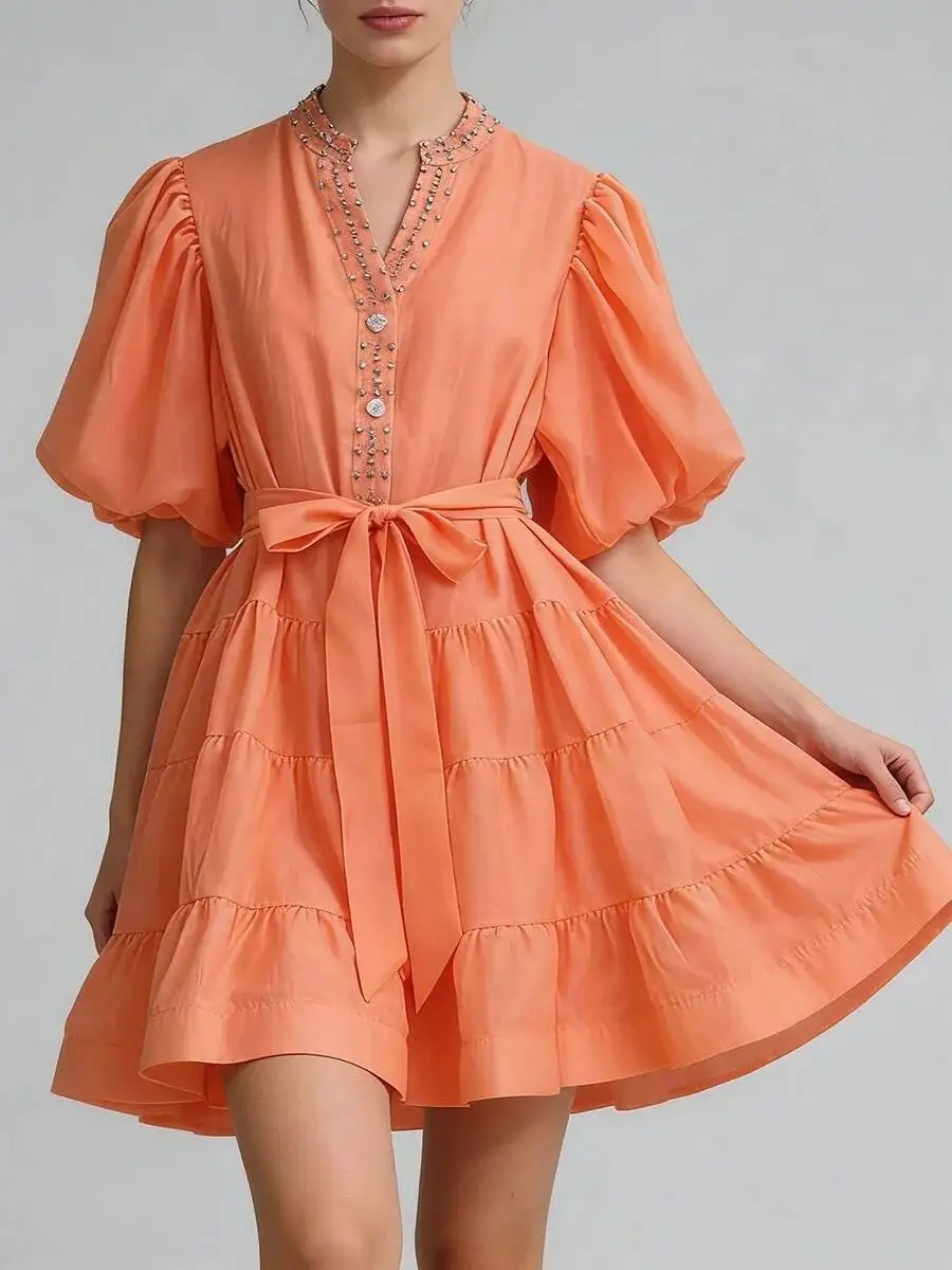 BJTZ 2026 primavera otoño Vintage vestido bohemio mujeres estampado Floral Puff manga diamantes de imitación botones cintura corbata vacaciones Chic