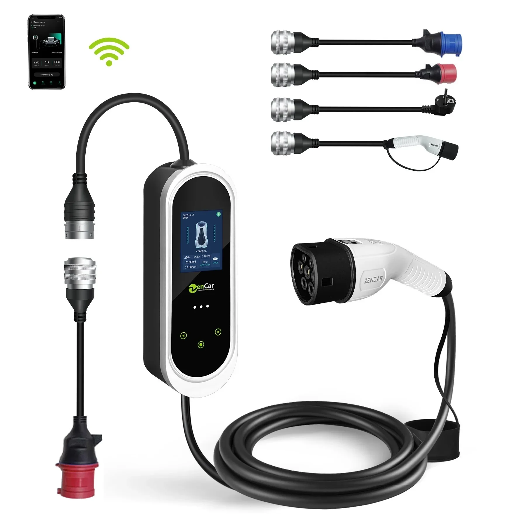 22kW EV charger portable electric car charger 3-in-1 with replaceable plugs support application on mobile phone