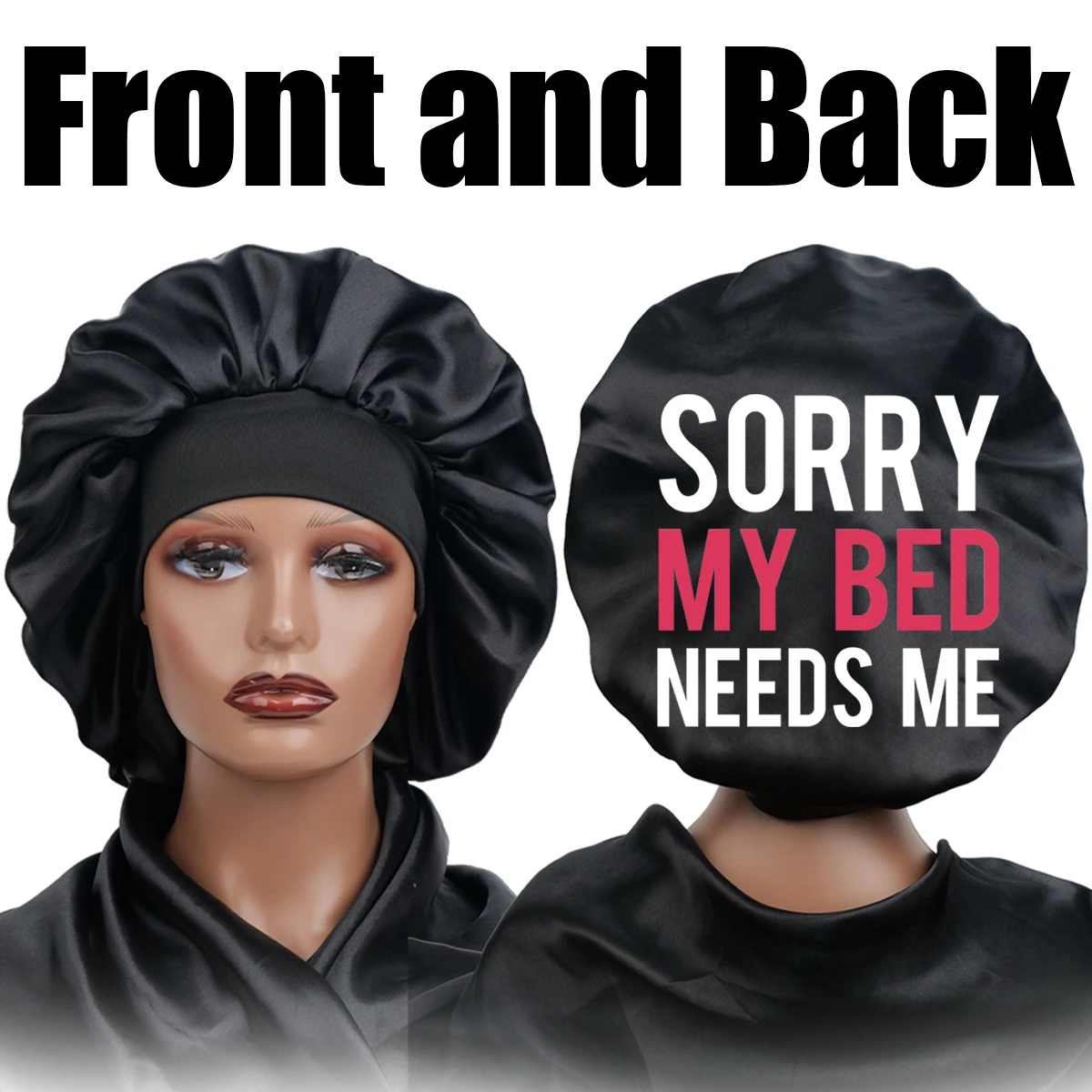 Women's Satin Sleep Bonnet with Funny Words Print, Elastic Wide Brim Soft Bonnet for Sleeping and Daily Use