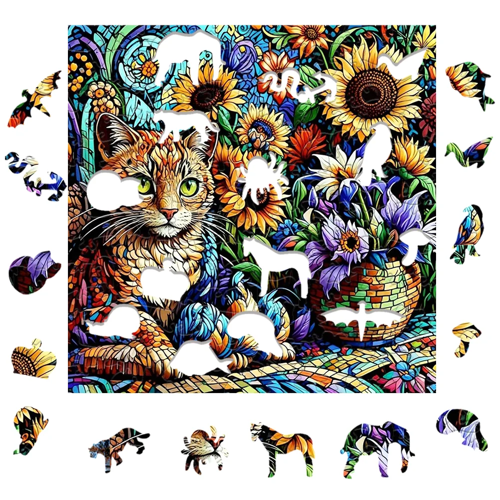 Sunflower Cat Wooden Jigsaw Puzzle Wooden Jigsaw Puzzle Family Party Game Wall Decoration Wooden Jigsaw Puzzle