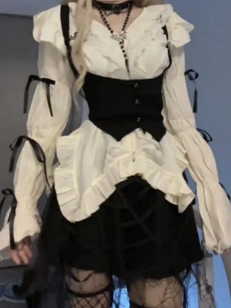 

Sweet 3 Piece Sets Women Irregular Ruffled Harajuku Shirt + Black Vest + Mini Cake Lace Skirts Streetwear Y2k Outfits Suit 2025