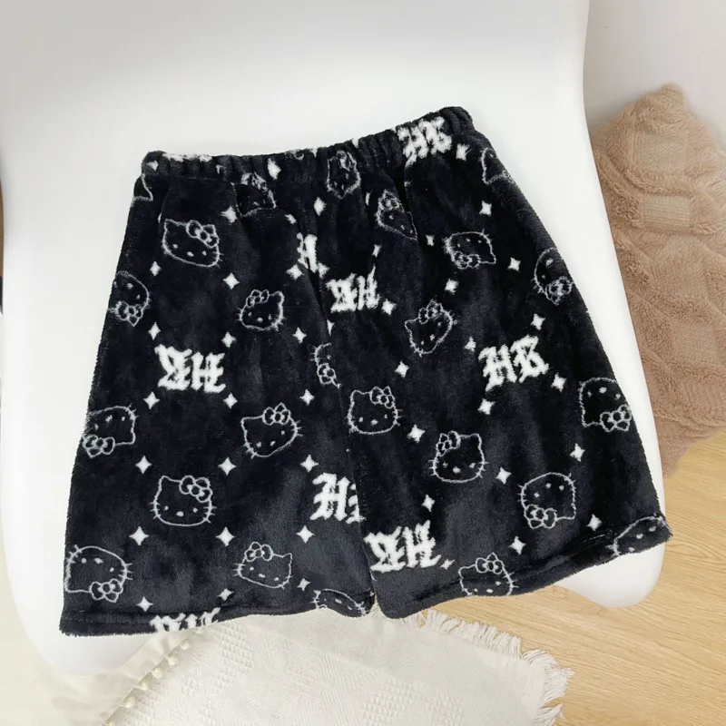 Sanrio Hello Kitty Y2k Shorts Flannel Soft Women's Pyjama Trousers High Waist Wide  Leg Hot Pants