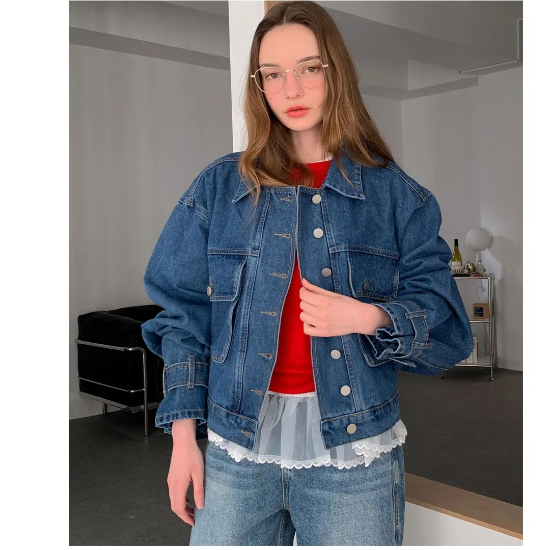 Loose Casual Retro Korean Style Denim Jacket with Big Pockets Multi-Pocket Cotton Blend Women's Short Coat Spring Season