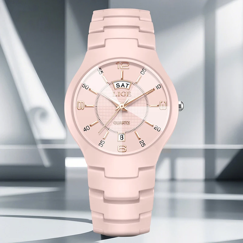 LIGE ساعة نسائية أنيقة من السيراميك ساعات يد كوارتز عصرية فاخرة مقاومة للماء ساعات تاريخ الأسبوع هدايا للسيدات Reloj Mujer + صندوق #3