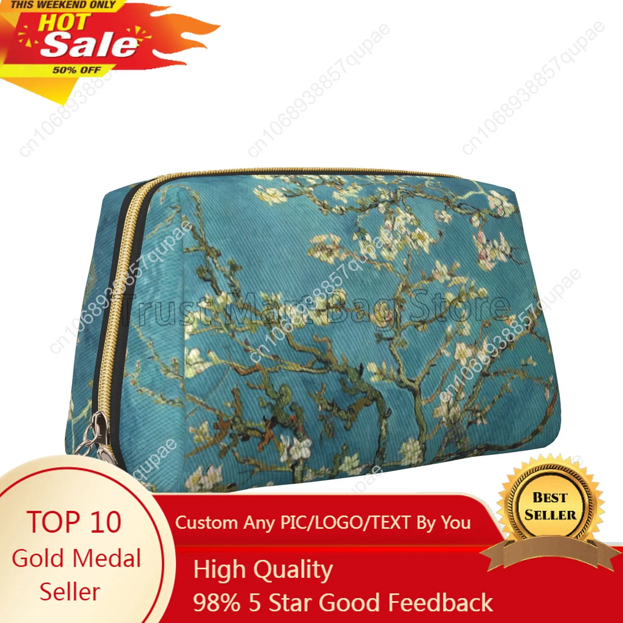 

Vincent Van Gogh Almond Blossom Large Travel Makeup Bag Leather Cosmetic Bags Storage Bag for Women Waterproof Toiletry Pouch