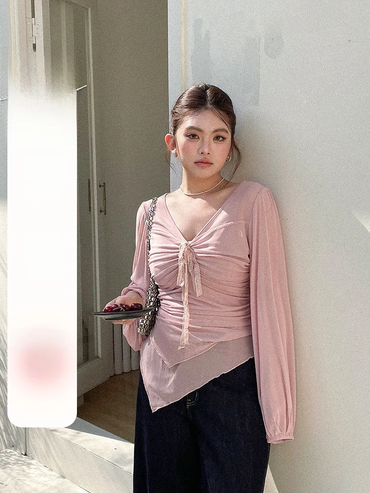 

Elegant Long Sleeve Lace Shirt Women's Fashionable Beautiful Spring Clothing Slimming Mesh Belted Shirt Breathable Comfortable
