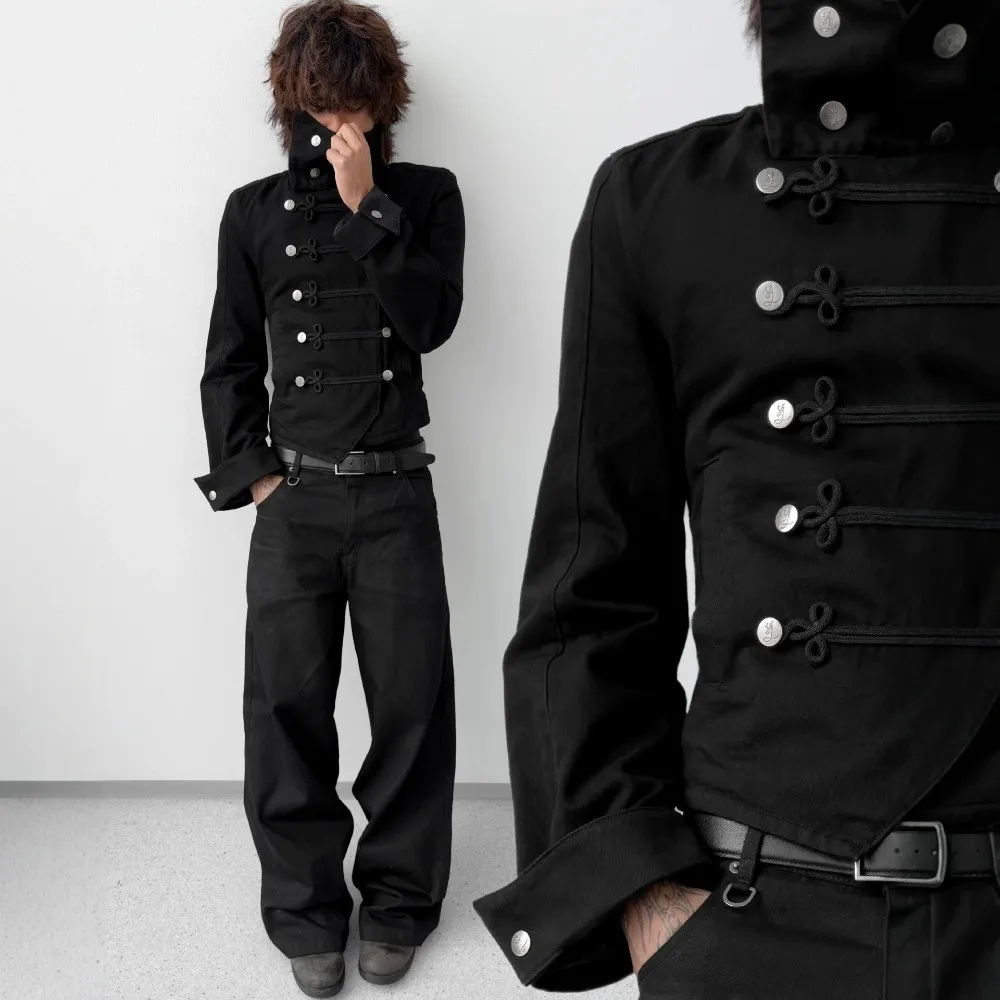Napoleon style Short Jacket Slim Fit Multi-layer Fasteners Court style Coat Long sleeve Turtleneck Stand Collar Coat Hip Hop