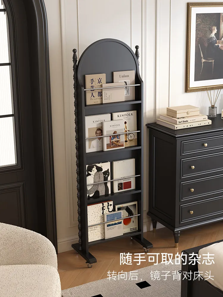 

PYJ retro book and newspaper shelf floor-to-ceiling movable household solid wood multi-functional shelf