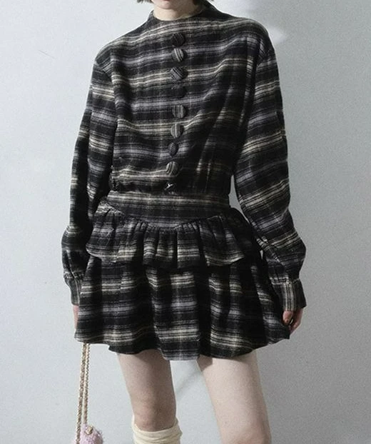 2026 Nieuwe geruite retro coltrui taille lange mouw lotusblad shirtjurk dames