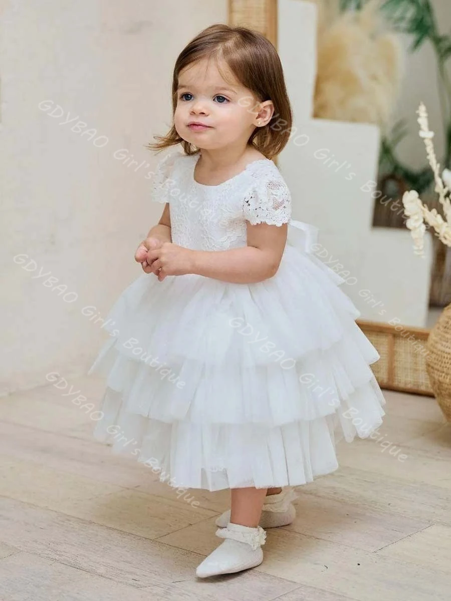 Платье для первого причастия для маленьких девочек, многоуровневое тюлевое платье с кружевными рукавами для девочек 0–14 лет, детское бальное платье на крестины по индивидуальному заказу
