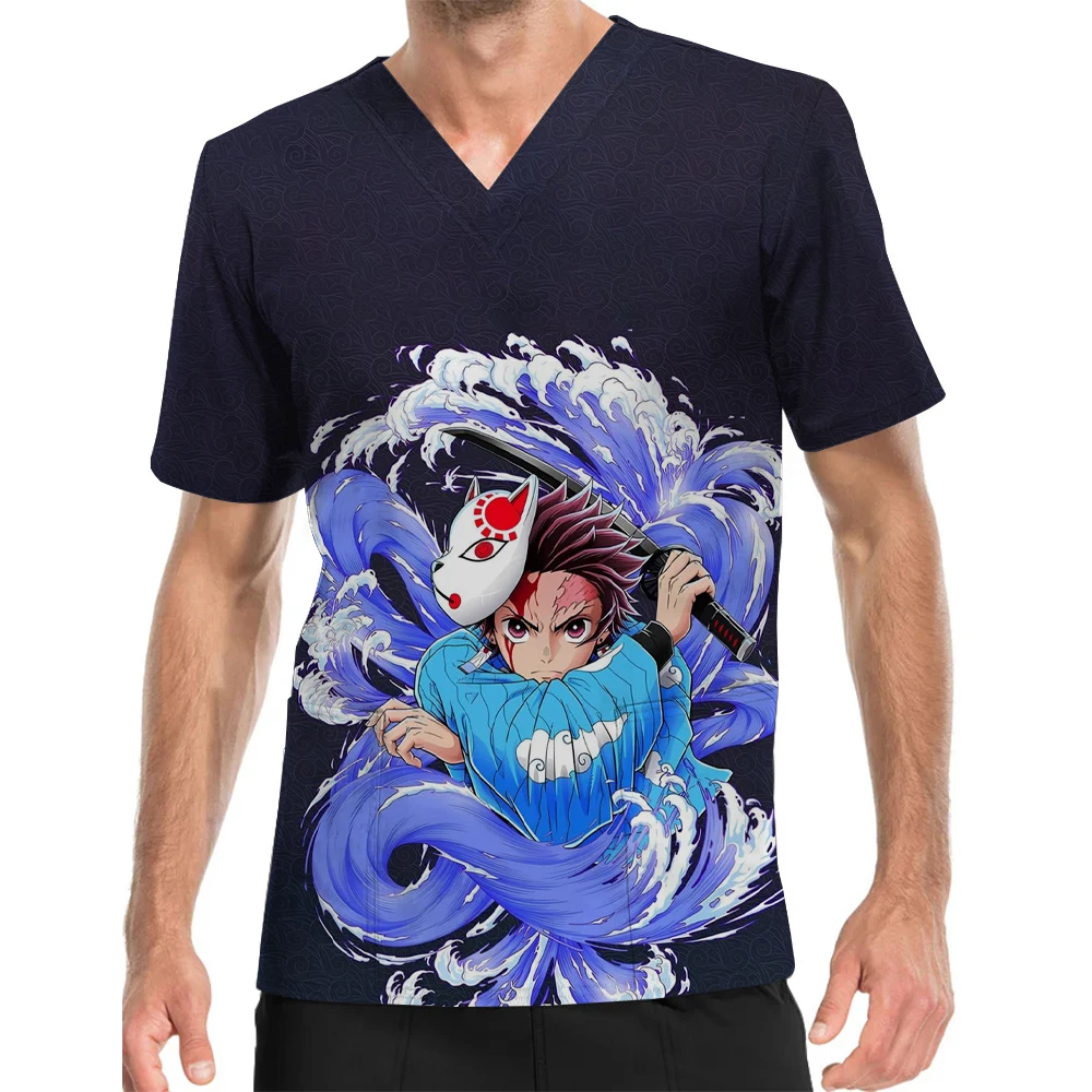 V-Neck Print Scrub Top Fire Ninja Print Pediatric Hospital Men's Work Uniform Nursing Home Pet Hospital Nursing Clothes