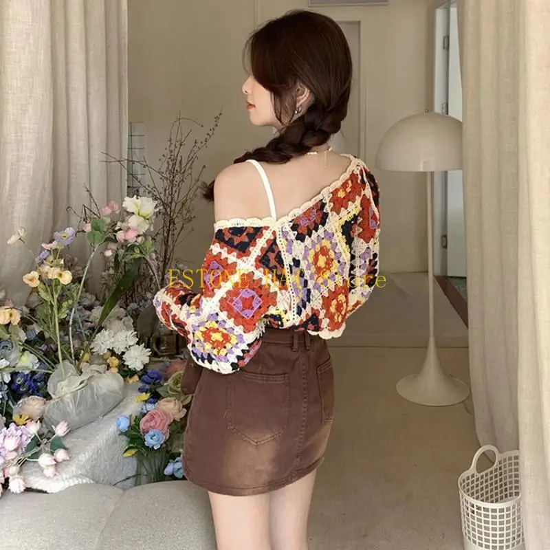 49MF Handmade Hollow Crochet Cardigan for Women Boho Thin Colorful Knit Sweater Coat