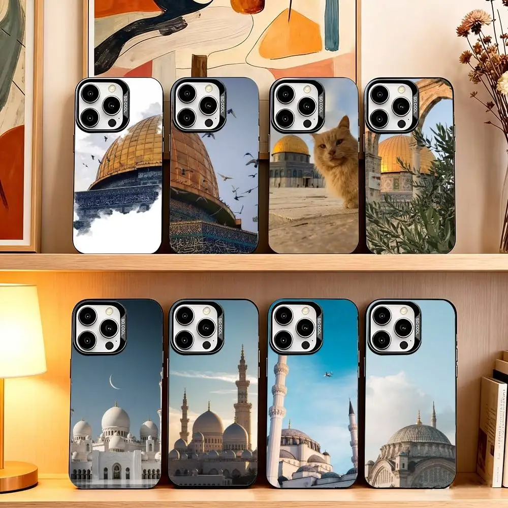 

Muslim Mosque Phone Case For iPhone 17,16,15,14,13,12,11 Plus,Pro Max,XS,Colored Silver Plated Inside Cover