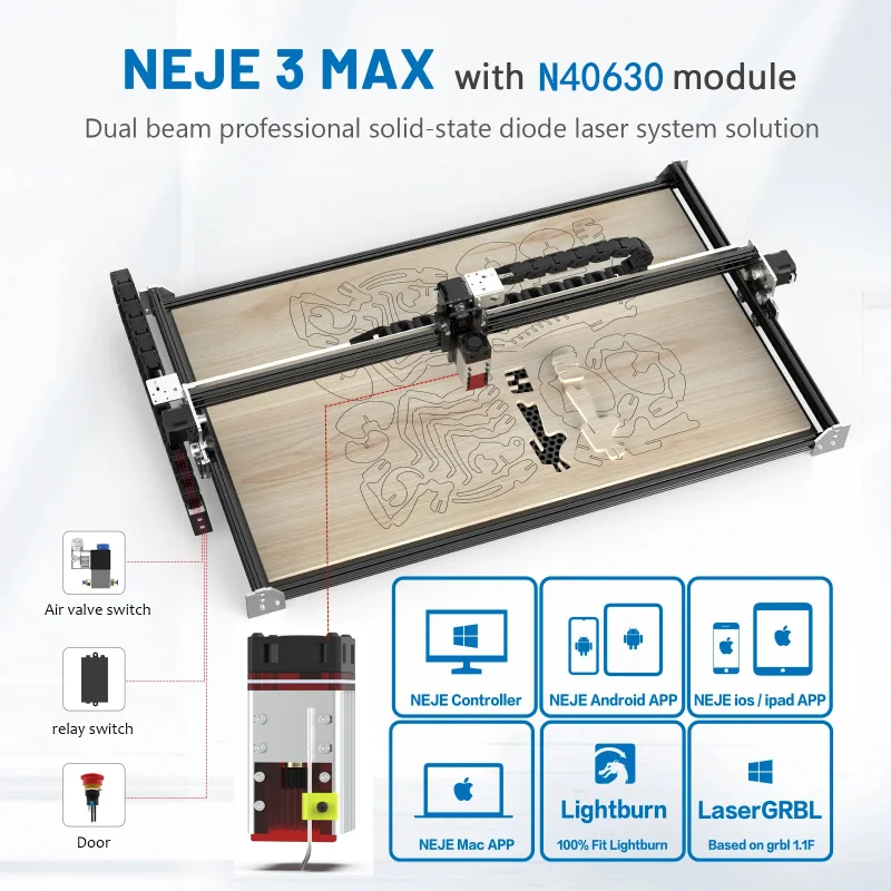 Neje fábrica 3 max 30w máquina de gravação a laser de diodo n40630 cnc 460x810mm gravador e cortador lasergrbl lightburn controle app