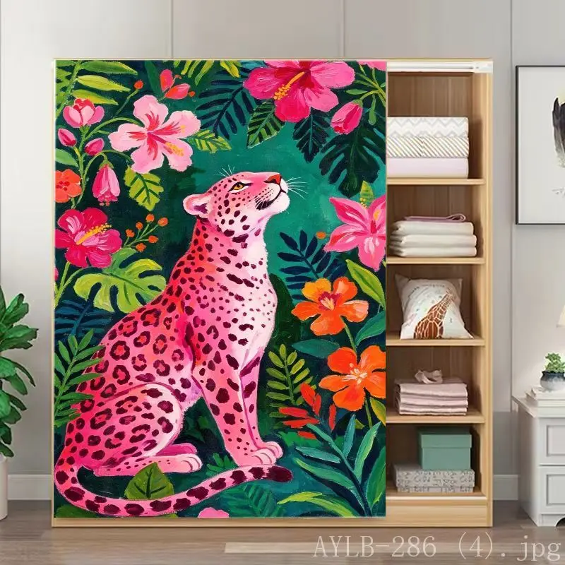 VIKAMA Leopard Tropical Leaf Cabinet Curtain, Dustproof Wardrobe Door Curtain for Dorm Room Bedroom Living Room Decor