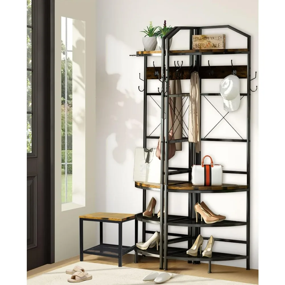 4-Tier Corner Coat Rack with Shoe Storage Entryway, Farmhouse Corner Hall Tree with Bench and 6 Metal Hooks