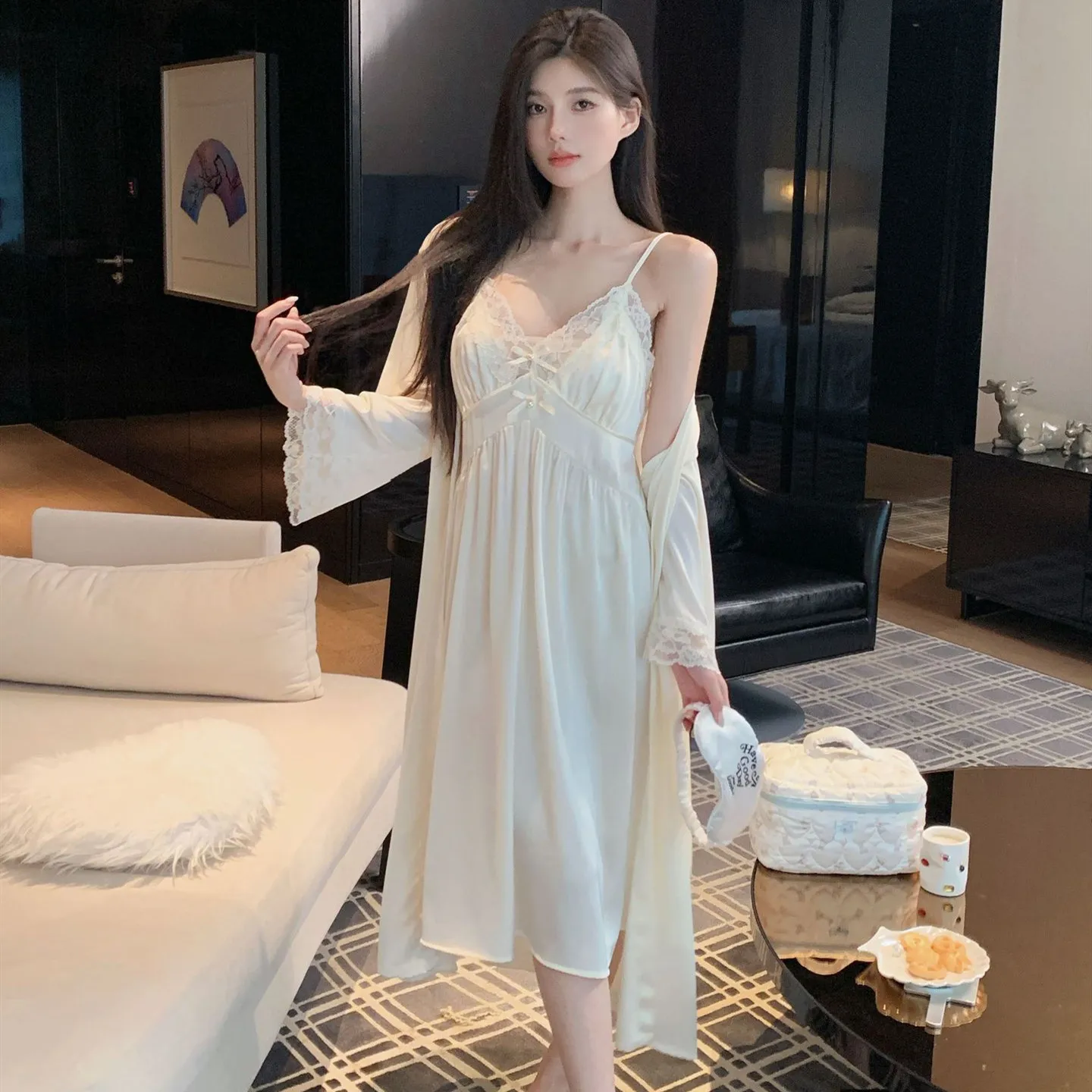 Summer Ice Silk Satin Sexy Lace Trim Long Style Robe Nightgown Sets Women Nightwear Home Dress Sleepwear Lounge Wear