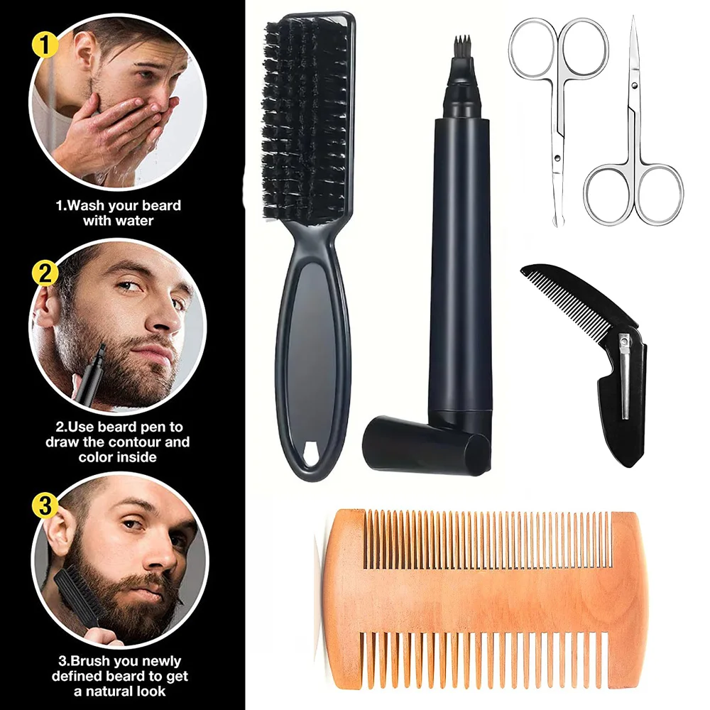 

Beard Pen Filler Scissors Set Barber Styling Pencil with Brush Comb Cover Facial Hair Patches Tool for Men Cosmetic Styling