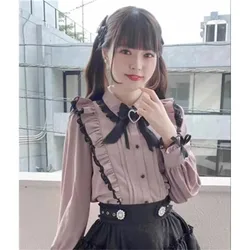 Cute Cartoon High Students Shirts Japanese Lace Ruffle Shirts Women Y2k Pink Bow Blouse Harajuku Cute Ladies Tops New Fashion