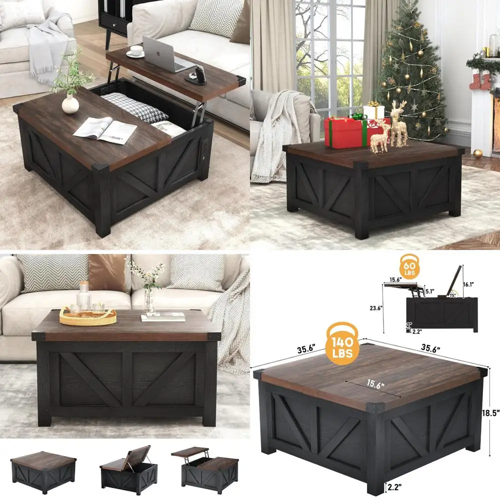 Farmhouse Lift Top Coffee Table with Storage, Wood Square Center Table with Charging Station&USB Port, Living Room Table w/Large