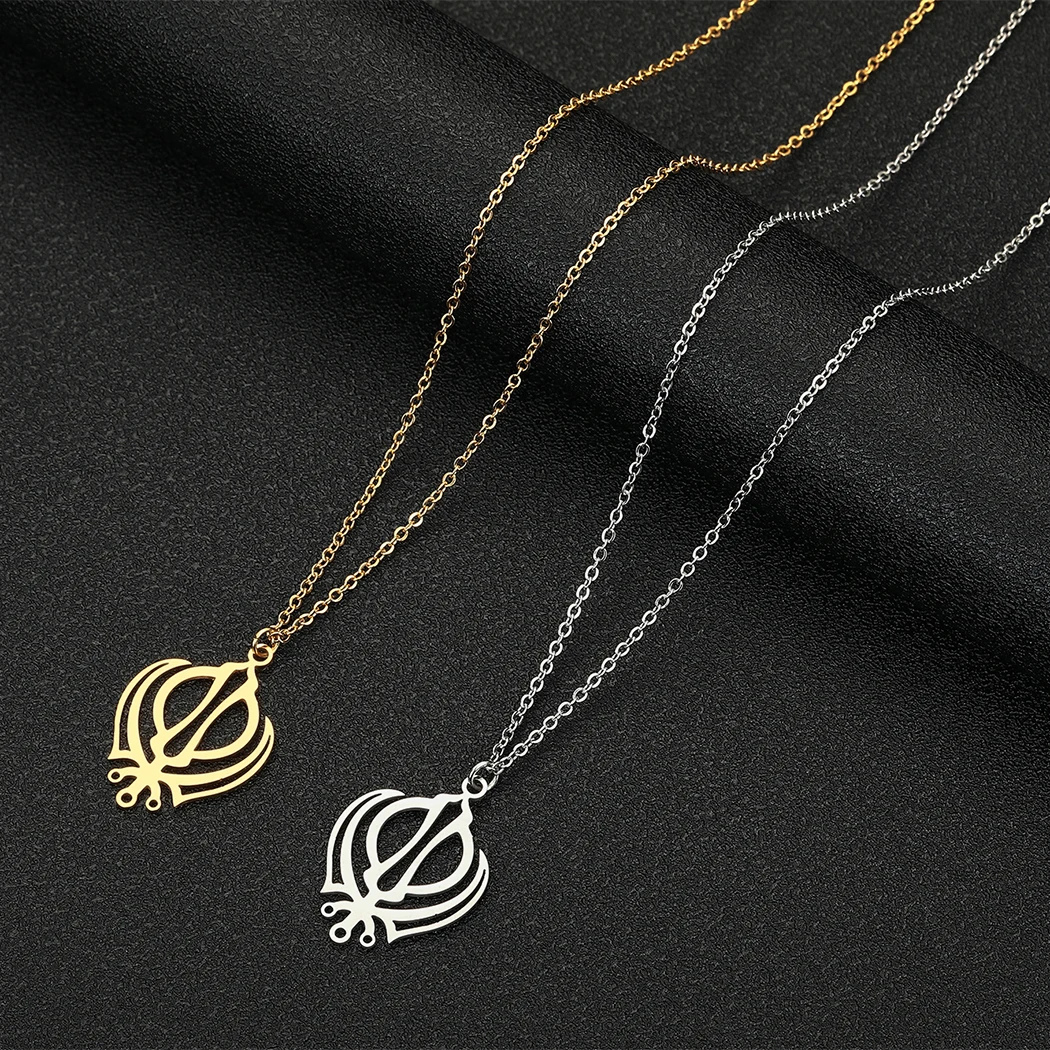 Stainless Steel Hollow Out Khanda Gold Plated Pendant Necklace For Women