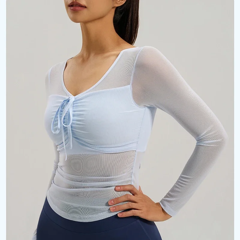 Sexy Mesh Panel Yoga Apparel Women Slim Fit Versatile Yoga Top with Fixed Built-in Pads Comfortable Breathable Sportswear