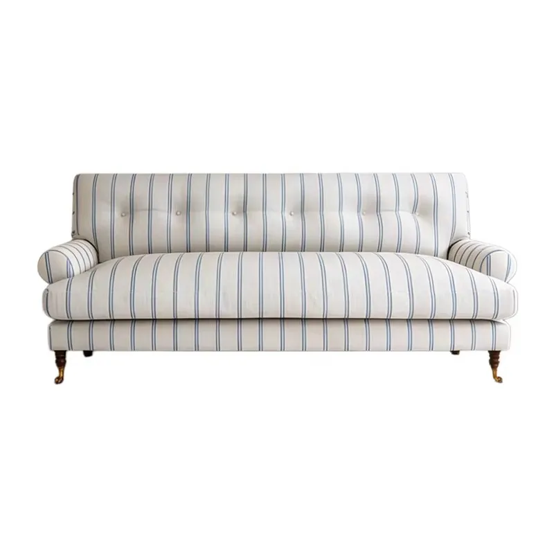 &c French Waka Silent Wind Three-Seat Modern Living Room Sofa with Ancient Blue White Stripe Fabric American Retro Design