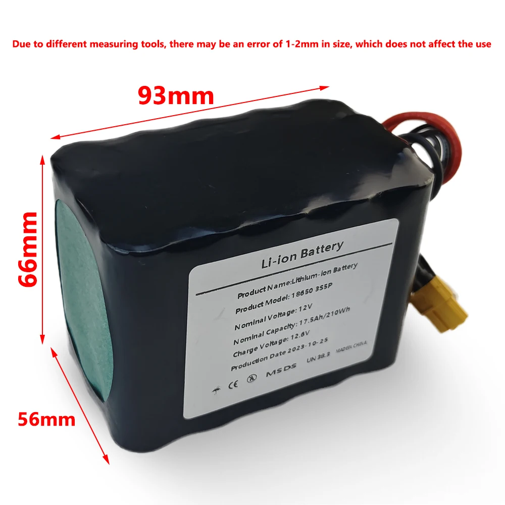 3S5P 12V 17.5Ah 12.6V Lithium Battery Pack 250Watt High Power for Motor Scooter Light Etc with 25A BMS XT60