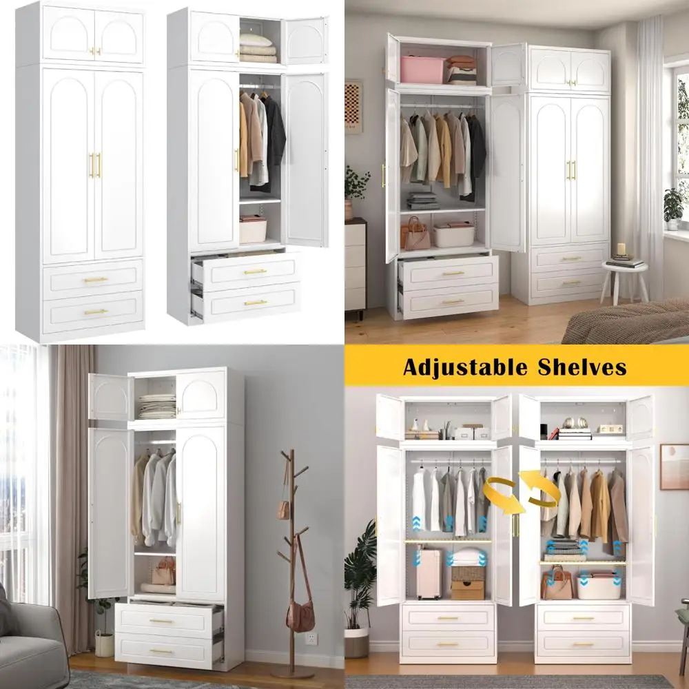 Estantería ajustable, barra colgante, armario de Metal con 2 cajones, gabinete alto de almacenamiento de ropa blanco para el hogar