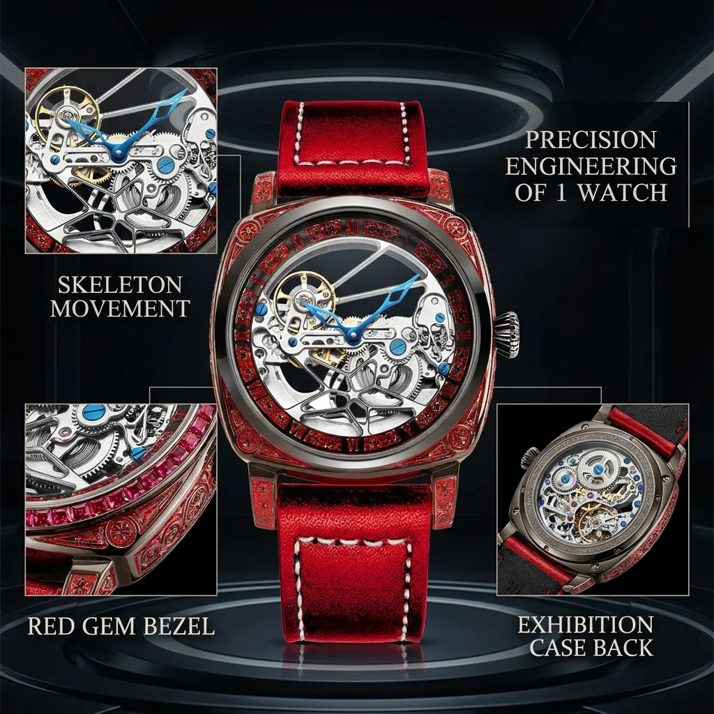 1pcs Men's silver dial leather strap vintage fashion skeleton gear luxury details Mechanical Watch for daily business party holi