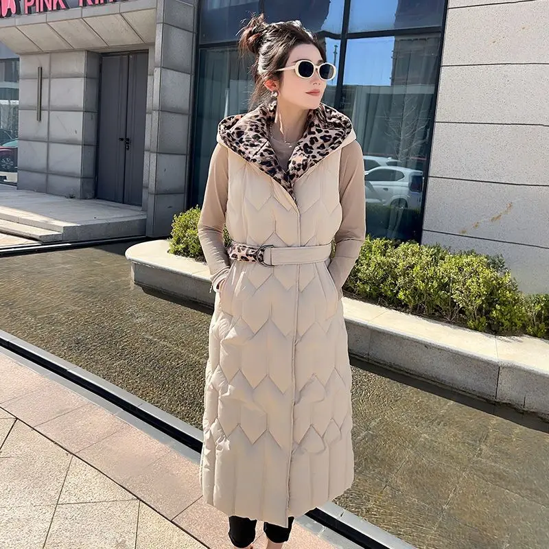 New Womens Down Cotton Vest Coat Long Autumn Winter Cold Warm Padded Vest Jacket, Fashion Female Hooded Parker Waistcoat 4XL 5XL