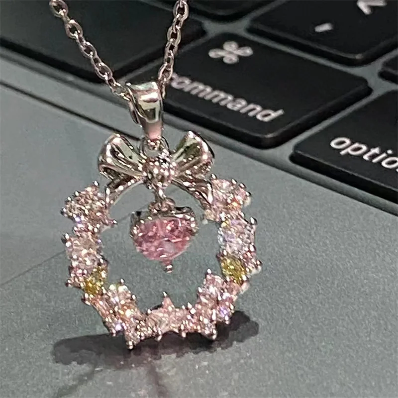 Punk Pink Love Heart Bow Crystal Necklaces For Women Goth Vintage Fashion Light Luxury Charm Choker Flower Necklace Jewelry