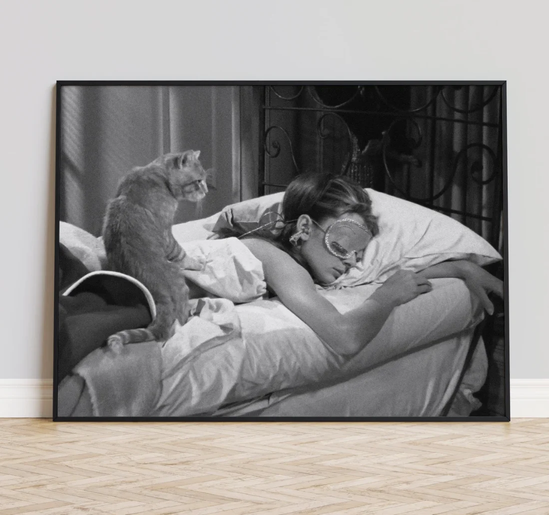 Breakfast At Tiffany B&W Woman Cat Print, Vintage Movie Wall Art Printing, Decor for Bedroom, Living Room, Hallway, Apartment