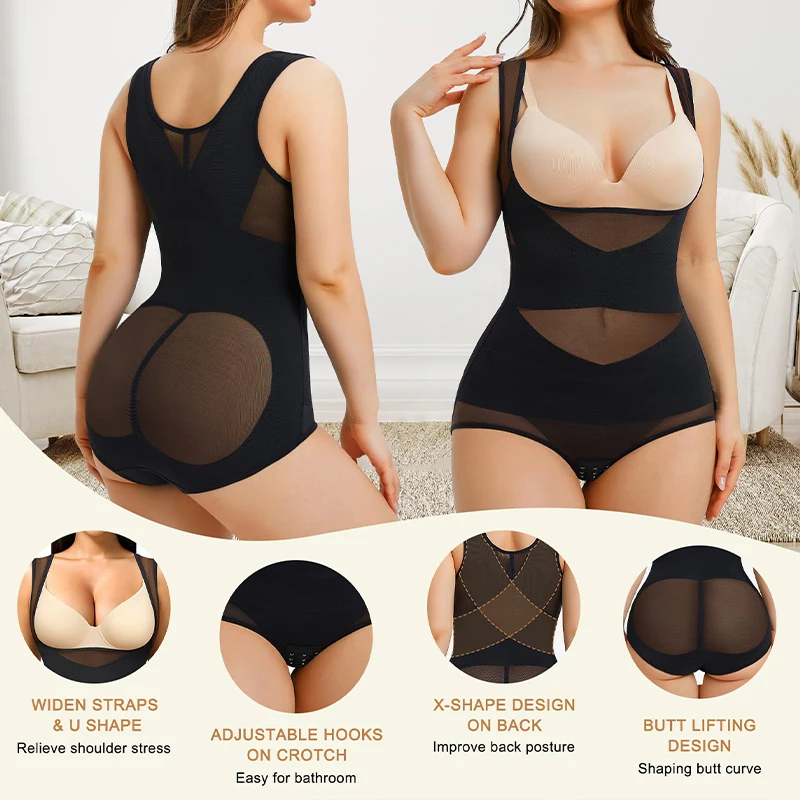 Mesh Shapewear Bodysuit for Women Tummy Control Waist Trainer Butt Lifter Panties Slimming Body Shaper Open Bust Underwear 2024