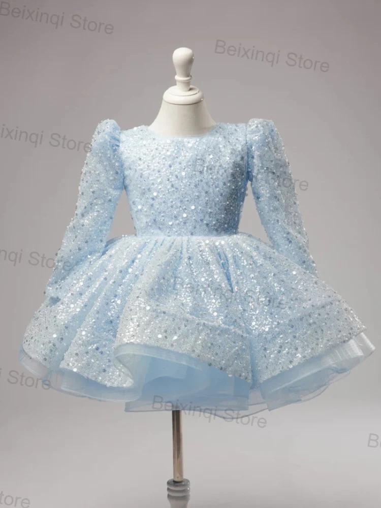 Dresses For Elegant Party Girls Blue Tulle String Of Beads Long Sleeve Factory Real Bespoke Kids Knee Length Birthday Ball Gown