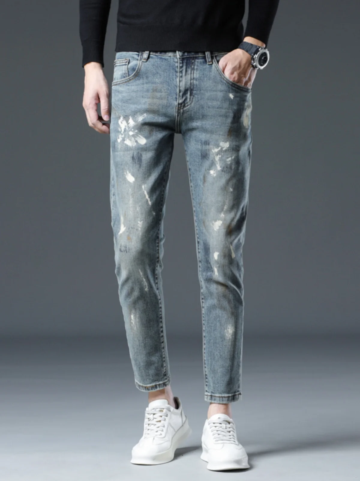 

High-End Men's Slim Fit Nine-Piece Denim Jeans Personalized Splashed Ink Print Casual Wear Cotton Stretch Fabric Spring Autumn