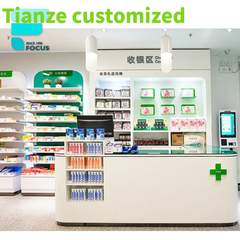 

Customized-Pharmacy Supply Store Retail Display Pharmacy Furniture Interior Modern Style Showcase Cabinet Pharmacy Sales