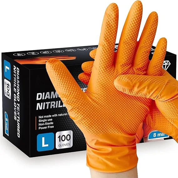 

50 шт. нитриловые перчатки, 8 мил, сверхмощные оранжевые промышленные одноразовые перчатки с текстурированной ромбовидной ручкой, безопасная работа для механика