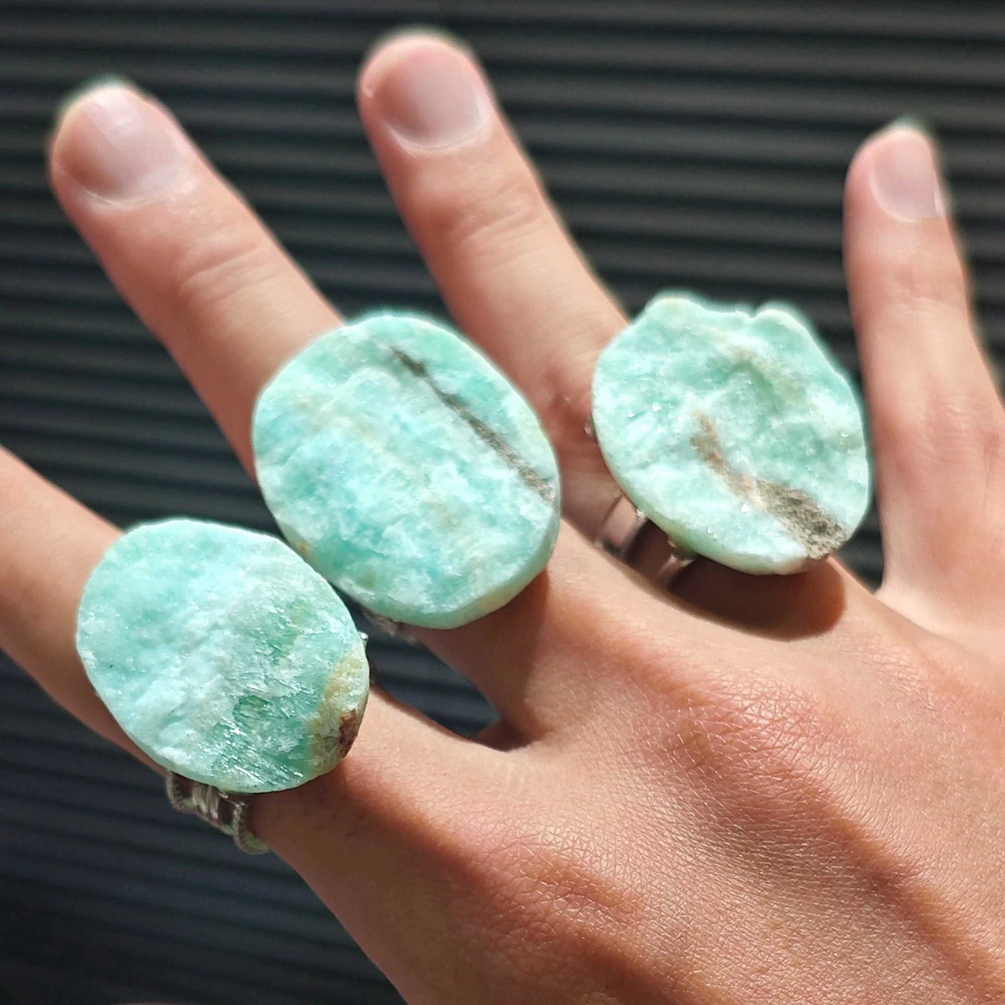 Natural Hemimorphite Gemstone Cocktail Ring Raw Mint Green Slice Silver Tone Adjustable Open Band Crystal Jewelry