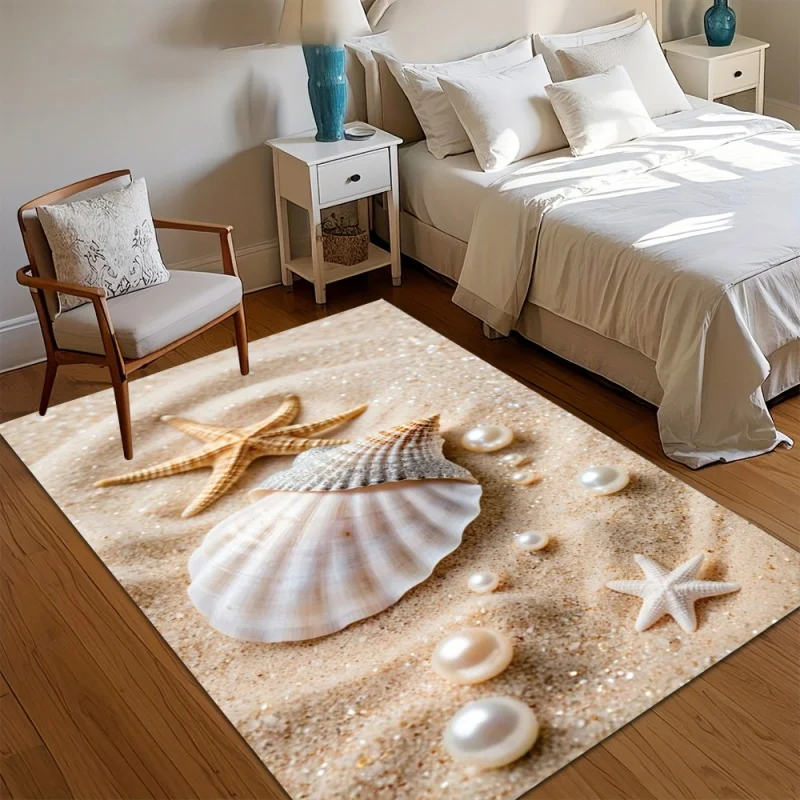 Sandy Beach Pearl Seashell Starfish Area Rug Glitter Sand Big Scallop Print Non Slip Carpet Bedroom Nautical Home Decor