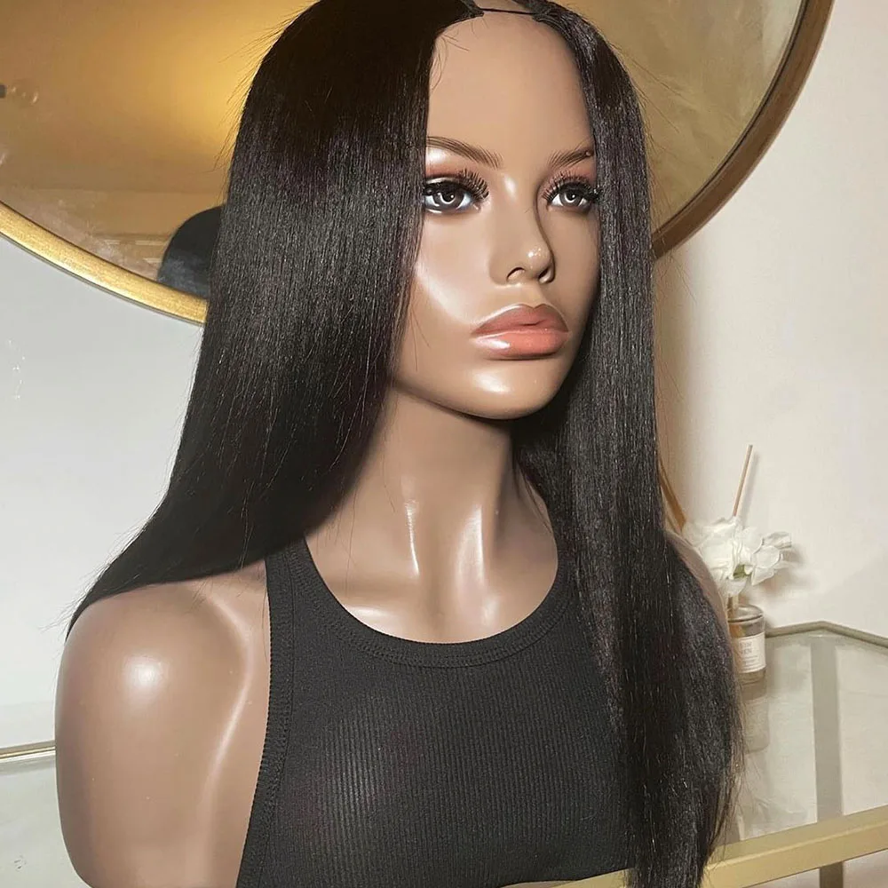 Natürliche Yaki-Glatthaar-Perücke aus europäischem Echthaar mit V-Teil für Damen, schwarze Farbe, verstellbar, klebefrei, Kinky Straight U-Teil-Perücke, 200 % – Detail 2