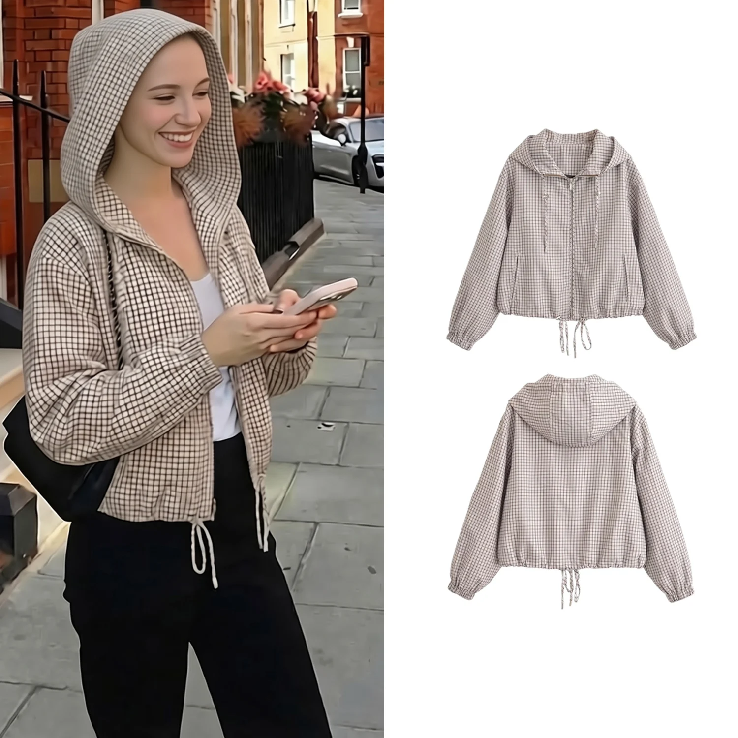 2026 New Women's Vintage Plaid Hooded Outerwear Spring Fall Ladies Drawstring Zipper Short Jacket Casual Street Sporty Top