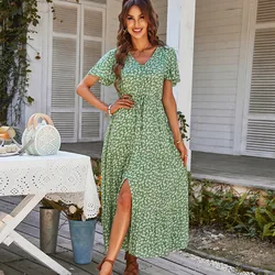 Vintage Floral Dresses for Women Elegant Loose New Slit Dress Summer Beach Holiday Leisure Long Dresses High Waist Print Vestido