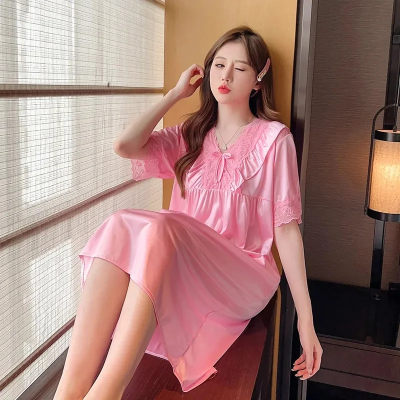 Sexy Silk Nightgown Women 2024 Long Female Summer Short Sleepwear Faux Silk Satin Bow Nightdress Round Neck Nightwear for Ladies