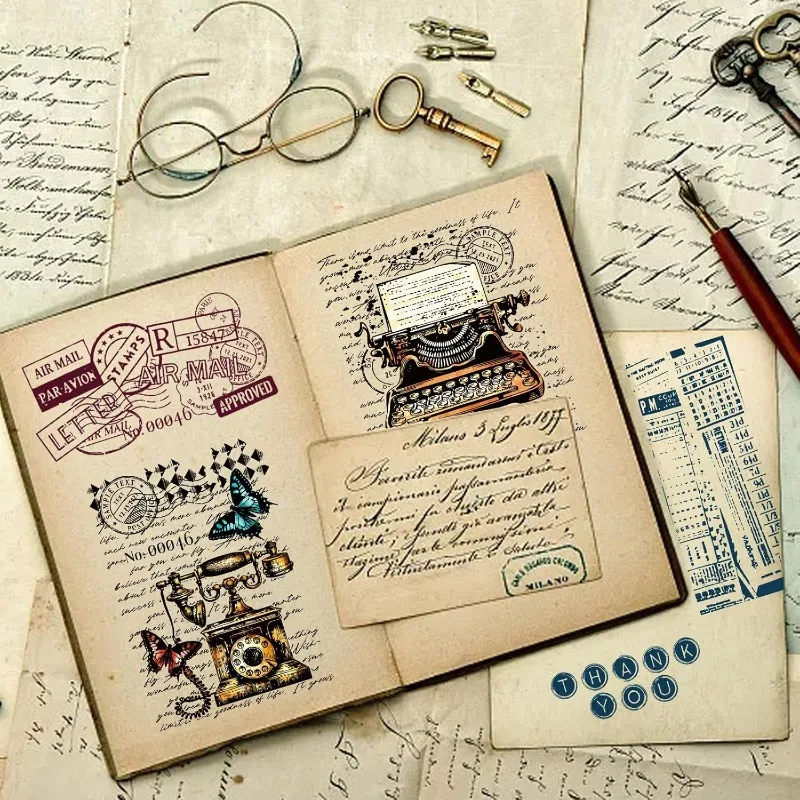 1Sheet Retro Typewriter Background Clear Stamps for Cards Making Vintage Telephone Background Silicone Clear Stamp Seals