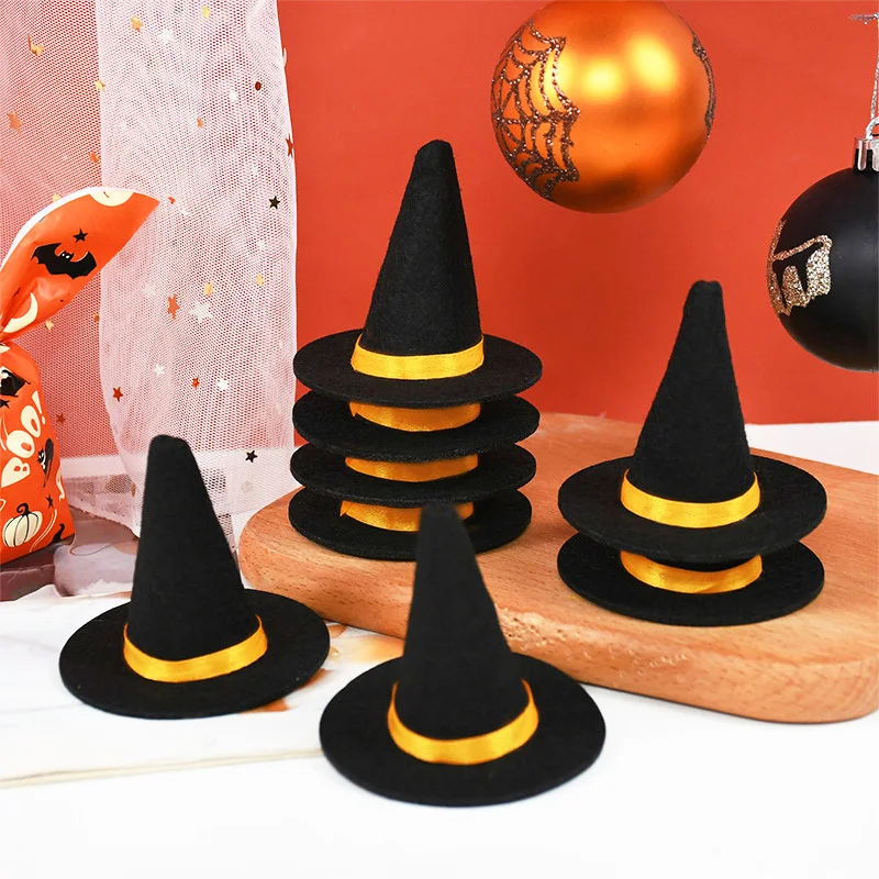 6pcs Halloween Mini Felt Witch Hats Wine Bottle Decor DIY Craft for Halloween Party Home Bar Decoration Supplies Black Cap Props