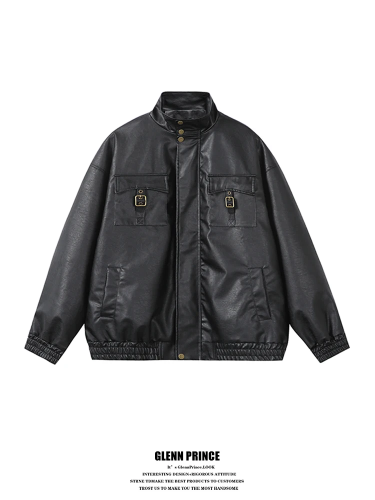 

Мужская куртка из искусственной кожи American High Street Sle, модная мотоциклетная куртка большого размера, повседневная молодежная ветрозащитная молния